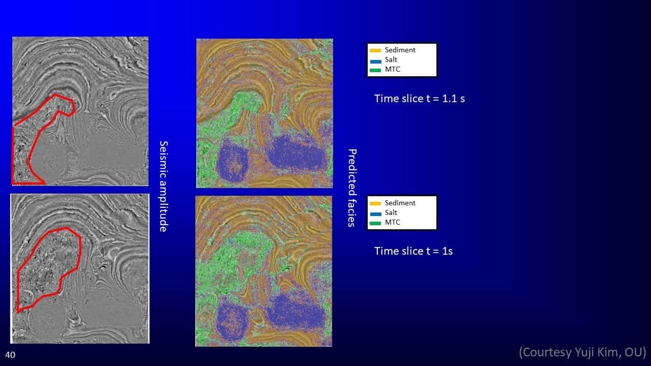 Slide screenshot of several seismic amplitudes and predicted facies