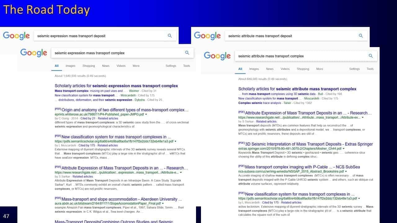 Slide screenshot of google searches on seismic expression