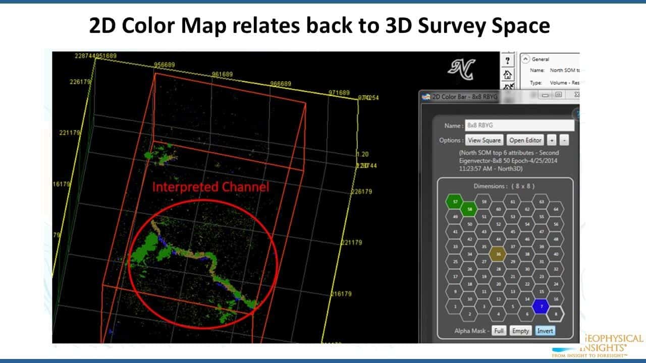 Slide screenshot with 2d color map and 3d survey space