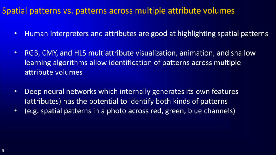 Spatial patterns vs. patterns across multiple attribute volumes