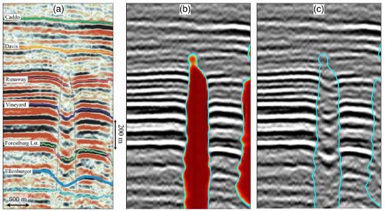 Vertical seismic section displayed in various interpretations