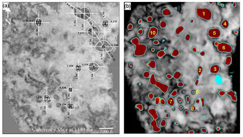 A coherency slice and the CNN-based paleokarst probability slice at the same location
