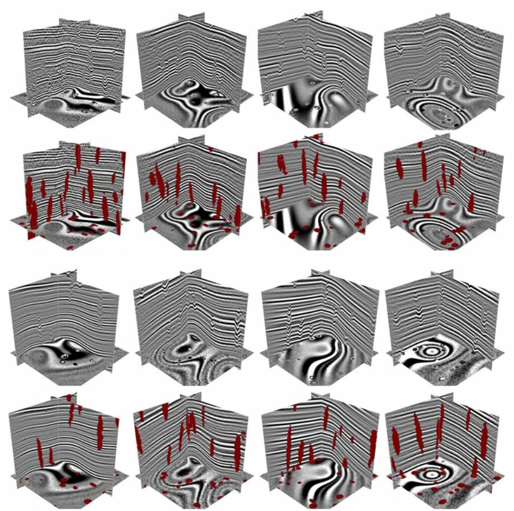  eight pairs of synthetic seismic images (first and third rows) and the corresponding binary label images (second and fourth rows) 