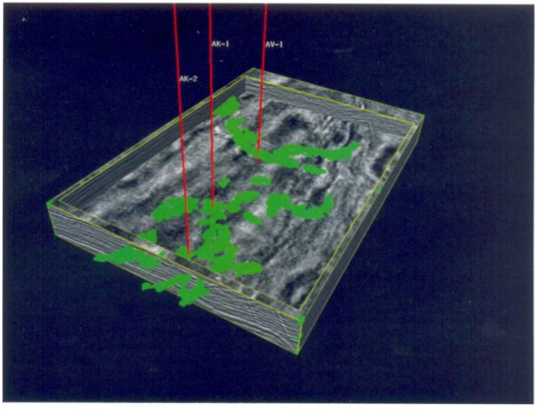 Seismic sub-volume from final calibrated Kohonen classification showing the “gas sand” bodies (green) in relation to three producing wells.