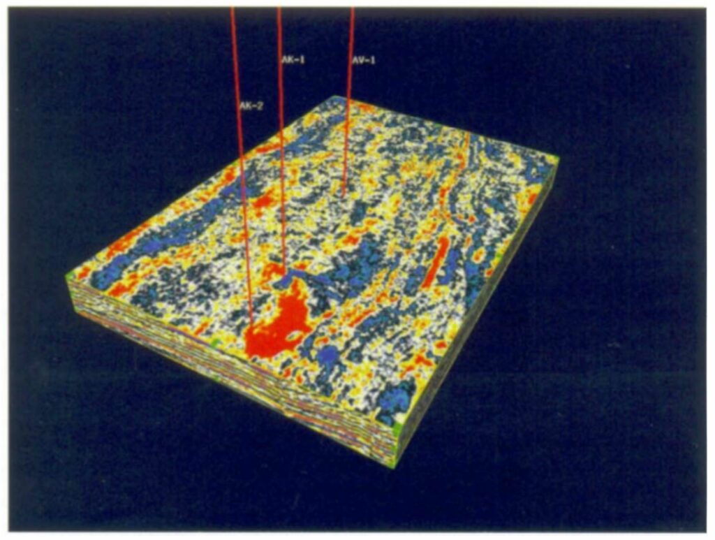 Amplitude time-slice at reservoir level showing the locations of three producing wells.